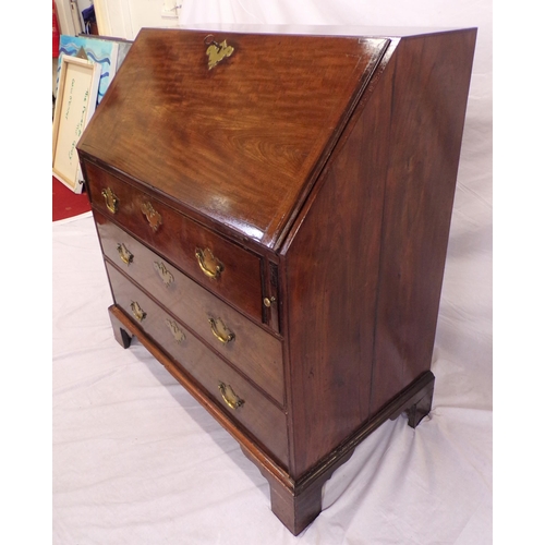 60 - George III mahogany bureau with drop down front pull out supports, fittedinterior, three drawers und... 