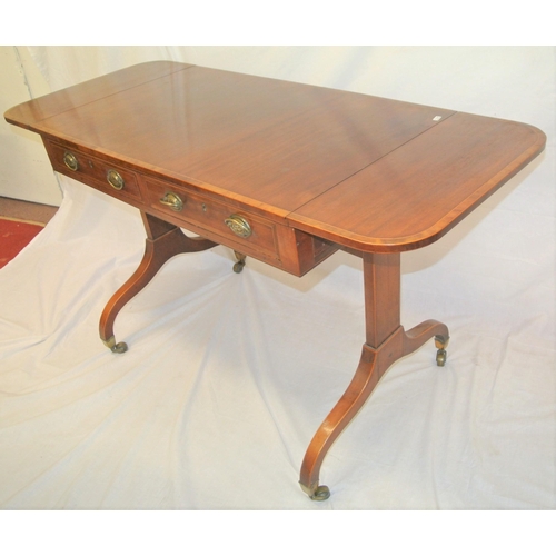 65 - Edwardian inlaid and crossbanded mahogany and walnut sofa table with lyre shaped dropped leaves, sat... 