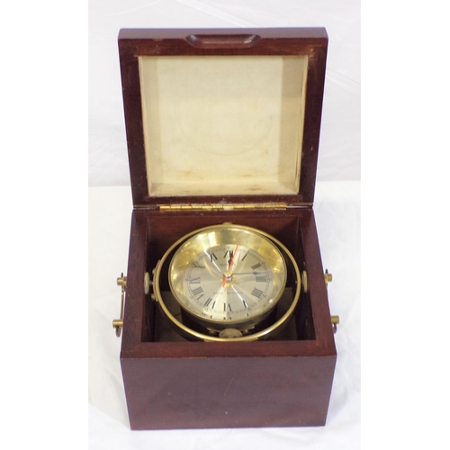 82 - Royal Mariner quartz gimbled ships clock in timber case with brass handles