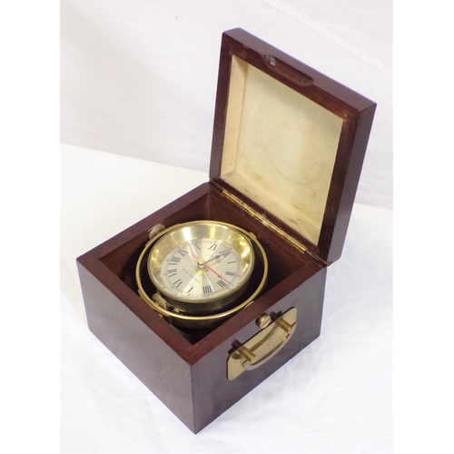 82 - Royal Mariner quartz gimbled ships clock in timber case with brass handles