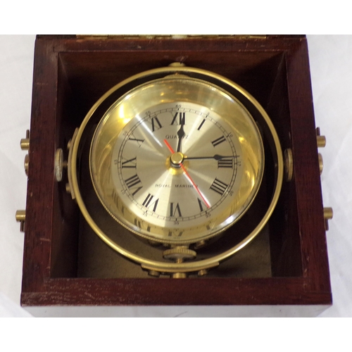 82 - Royal Mariner quartz gimbled ships clock in timber case with brass handles