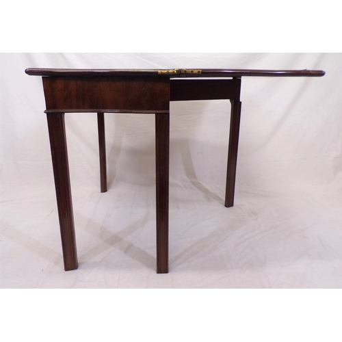 85 - Georgian mahogany card table with serpentine borders, fold-over top, gateleg support, on chamfered l... 