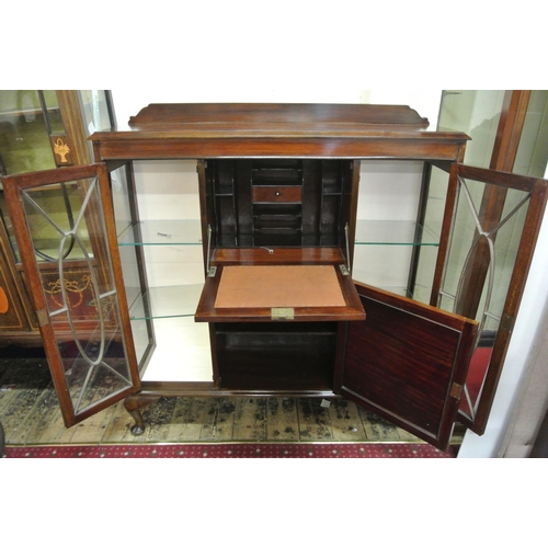 90 - Edwardian mahogany display cabinet / bureau with glazed doors, glass shelving, bureau with fall-out ... 