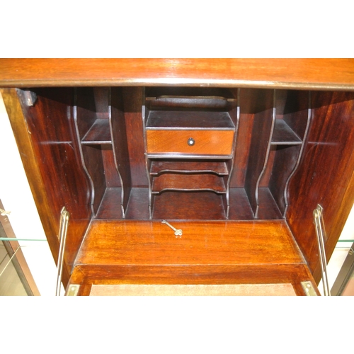 90 - Edwardian mahogany display cabinet / bureau with glazed doors, glass shelving, bureau with fall-out ... 