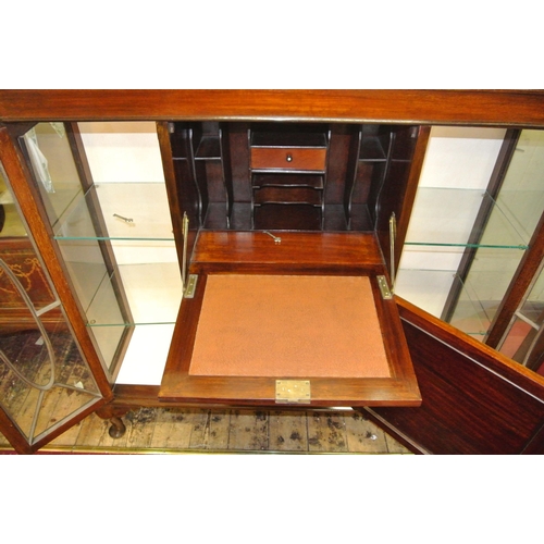 90 - Edwardian mahogany display cabinet / bureau with glazed doors, glass shelving, bureau with fall-out ... 