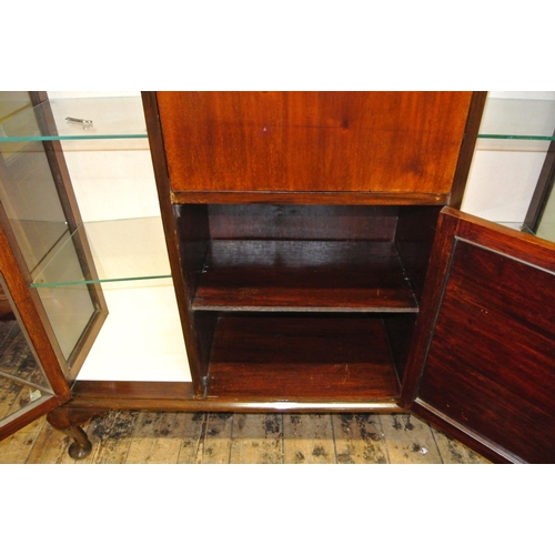 90 - Edwardian mahogany display cabinet / bureau with glazed doors, glass shelving, bureau with fall-out ... 