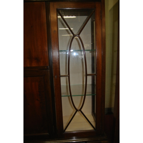 90 - Edwardian mahogany display cabinet / bureau with glazed doors, glass shelving, bureau with fall-out ... 