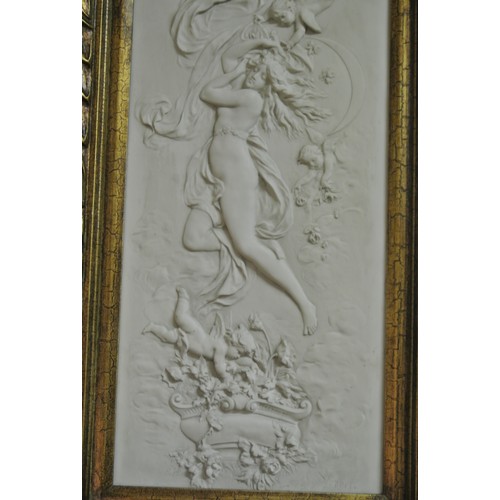 89 - Victorian style plaque with figures and angels, flowers in vases, in ornate gilt frame 50x24cm