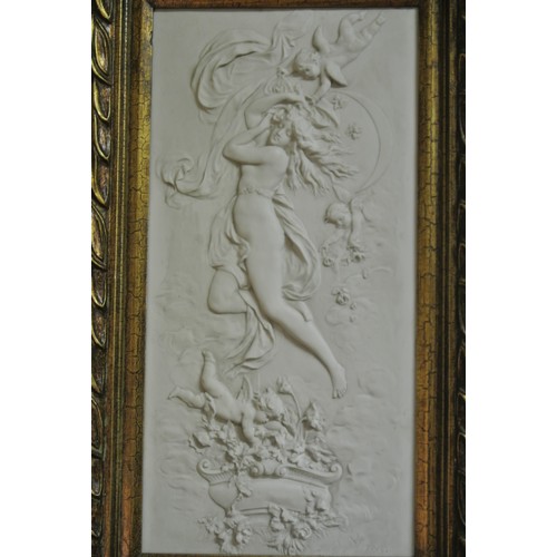 89 - Victorian style plaque with figures and angels, flowers in vases, in ornate gilt frame 50x24cm