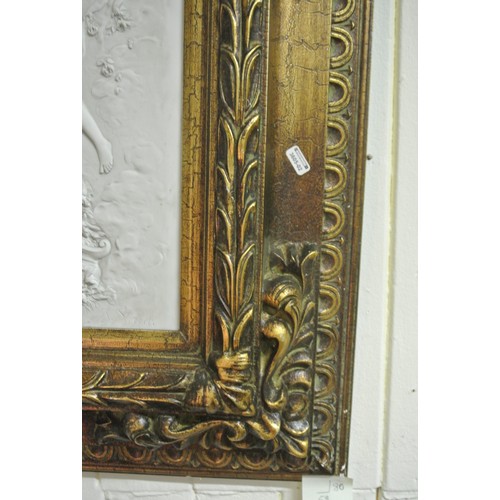 89 - Victorian style plaque with figures and angels, flowers in vases, in ornate gilt frame 50x24cm