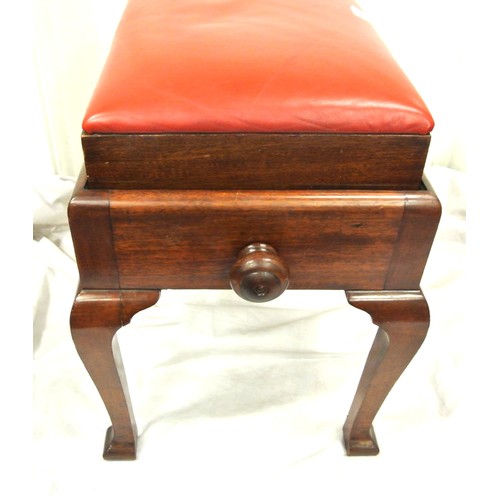 69 - Edwardian mahogany piano stool with adjustable leather lined seat, on cabriole legs