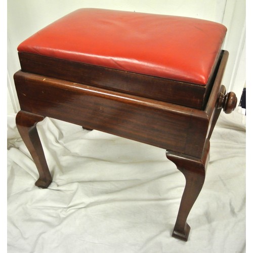 69 - Edwardian mahogany piano stool with adjustable leather lined seat, on cabriole legs