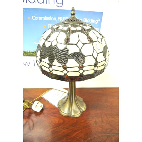 132 - Art Deco style bronzed electric table lamp with ornate panelled shade