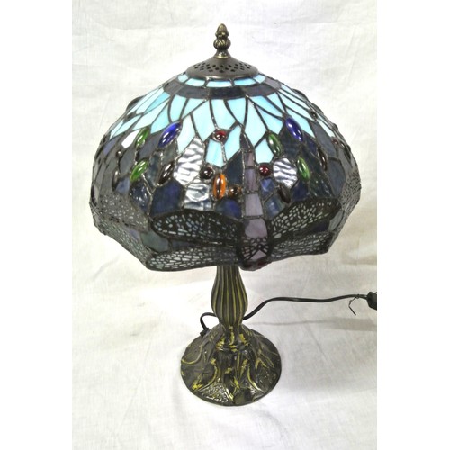 147 - Ornate bronzed Art Deco electric lamp with multi-coloured faceted shade