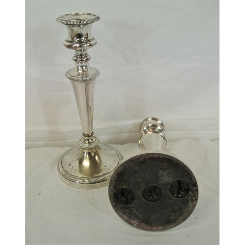 232 - Pair of Sheffield silver plated candlesticks of circular tapering form, with beaded borders, and spr... 