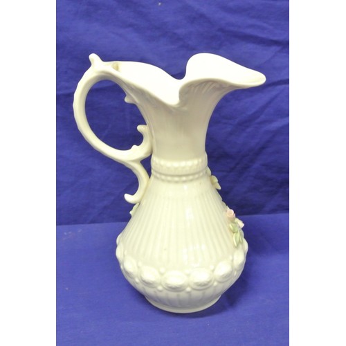 244 - Belleek ewer with foliate encrustation and shaped handle