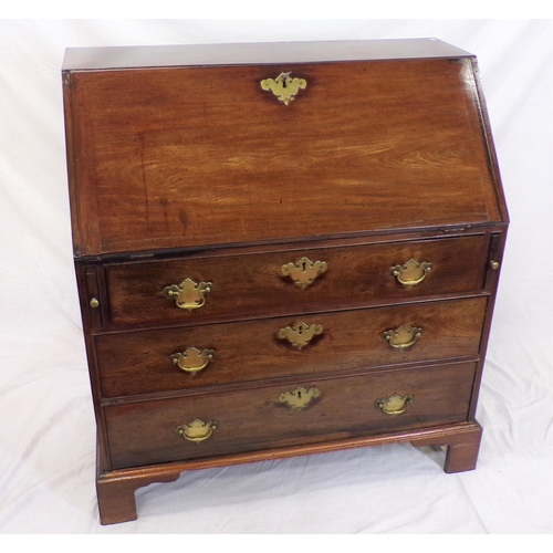 80 - George III mahogany bureau with drop down front pull out supports, fittedinterior, three drawers und... 