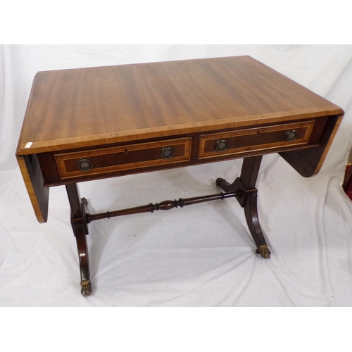 105 - Edwardian inlaid mahogany sofa table with frieze drawers, stretcher and splayed feet