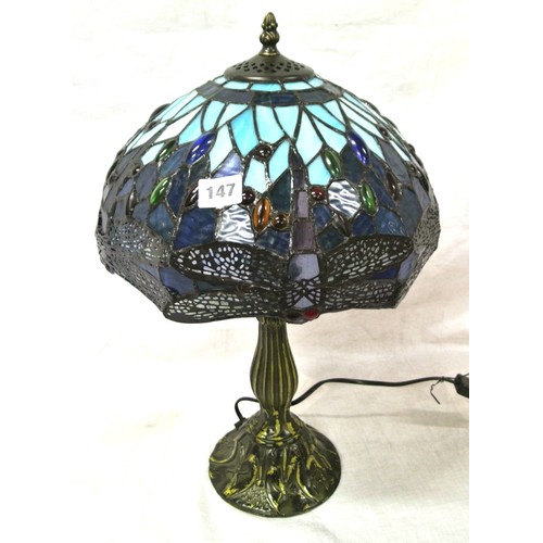 209 - Ornate bronzed Art Deco electric lamp with multi-coloured faceted shade