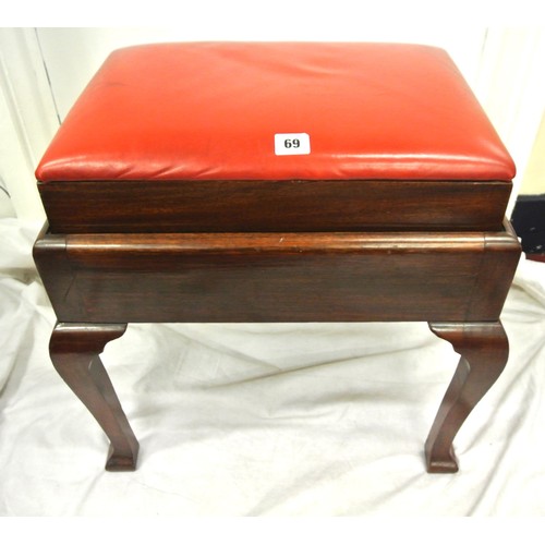 238 - Edwardian mahogany piano stool with adjustable leather lined seat, on cabriole legs