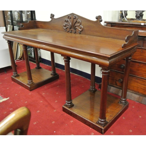 100 - William IV mahogany sideboard with shaped tray back, with scroll decoration, with frieze, on turned ... 