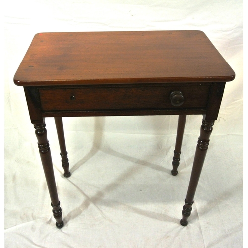 106 - Victorian mahogany hall or side table with frieze drawer, on turned tapering legs