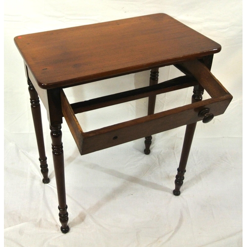 106 - Victorian mahogany hall or side table with frieze drawer, on turned tapering legs