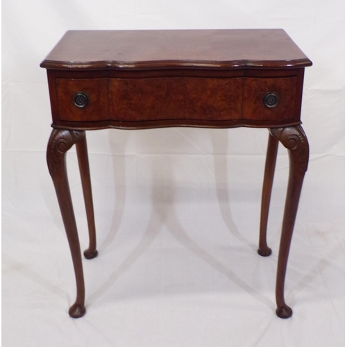 111 - Edwardian walnut hall or side table with serpentine shaped front, frieze drawer with drop handles, o... 