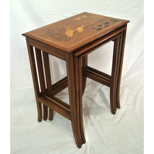 114 - Edwardian style inlaid mahogany nest of three tables with ornate bird and string inlay, on inlaid ta... 