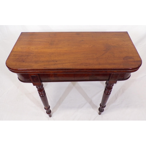 115 - Victorian mahogany tea table with swivel fold over top, rounded corners, raised on turned tapering l... 