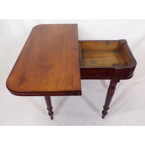 115 - Victorian mahogany tea table with swivel fold over top, rounded corners, raised on turned tapering l... 