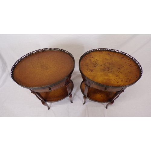 116 - Pair of Edwardian style oval two tier occasional tables with pierced gallery, bowed frieze drawer, s... 