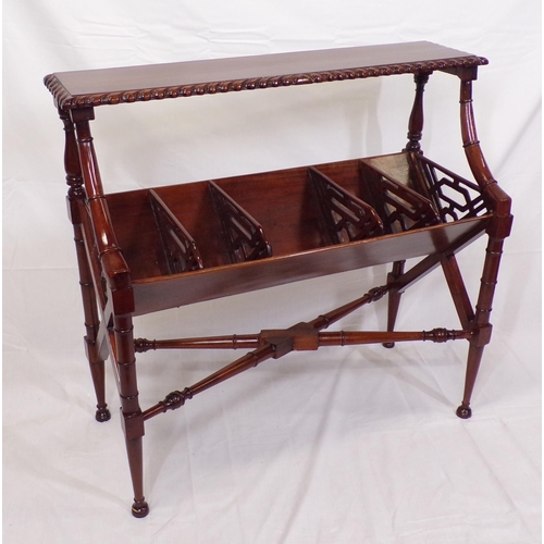 121 - Edwardian style mahogany two tier book rack with rope edge borders, pierced dividers, on bamboo turn... 