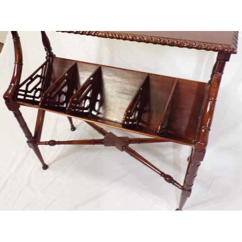 121 - Edwardian style mahogany two tier book rack with rope edge borders, pierced dividers, on bamboo turn... 