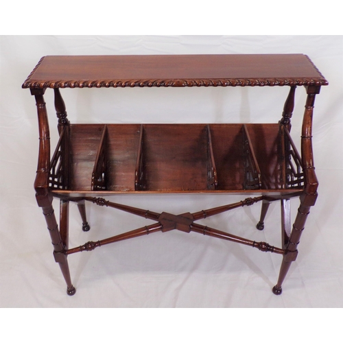 121 - Edwardian style mahogany two tier book rack with rope edge borders, pierced dividers, on bamboo turn... 