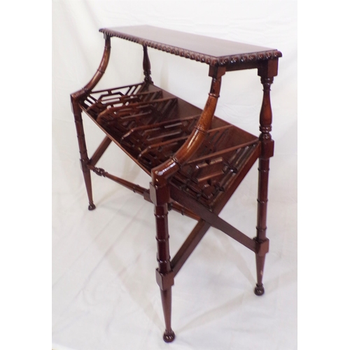 121 - Edwardian style mahogany two tier book rack with rope edge borders, pierced dividers, on bamboo turn... 