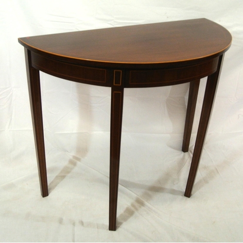 134 - Edwardian design demi lune hall or side table with string inlay, on square tapering legs