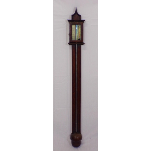 142 - Victorian mahogany stick barometer with shaped pediment and round base by John Noida