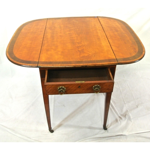 145 - Edwardian inlaid and crossbanded mahogany pembroke table with D-shaped drop leaves, frieze drawer wi... 