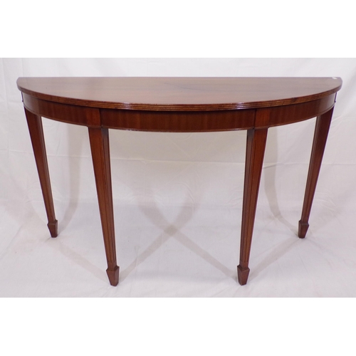 149 - Edwardian demi-lune hall or side table with reeded border, on reeded square tapering legs with spade... 