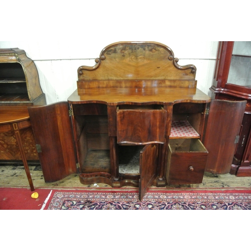 150 - Victorian mahogany chiffonier with shaped scroll decorated back, centre drawer and press, two side p... 