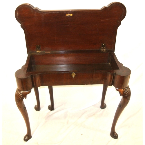 155 - Mahogany card table with double fold-over top, gateleg support, shaped 'dog ear' corners, with baize... 