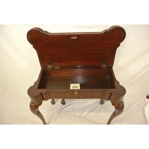 155 - Mahogany card table with double fold-over top, gateleg support, shaped 'dog ear' corners, with baize... 