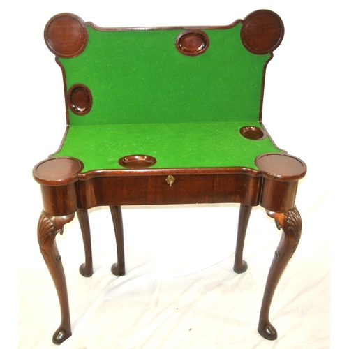 155 - Mahogany card table with double fold-over top, gateleg support, shaped 'dog ear' corners, with baize... 