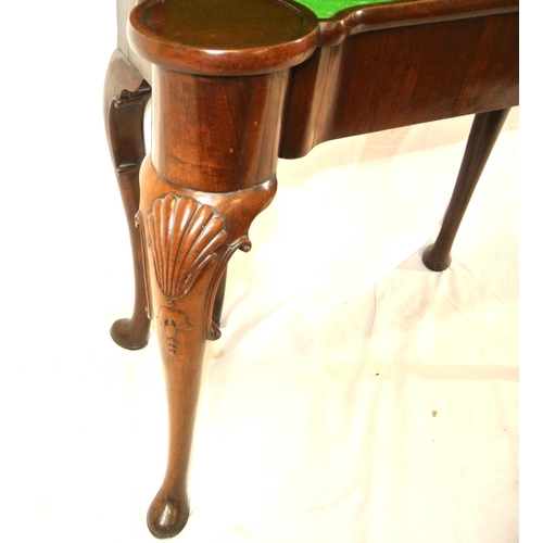 155 - Mahogany card table with double fold-over top, gateleg support, shaped 'dog ear' corners, with baize... 