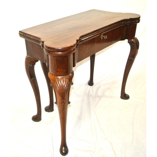 155 - Mahogany card table with double fold-over top, gateleg support, shaped 'dog ear' corners, with baize... 