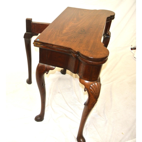 155 - Mahogany card table with double fold-over top, gateleg support, shaped 'dog ear' corners, with baize... 