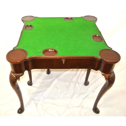 155 - Mahogany card table with double fold-over top, gateleg support, shaped 'dog ear' corners, with baize... 