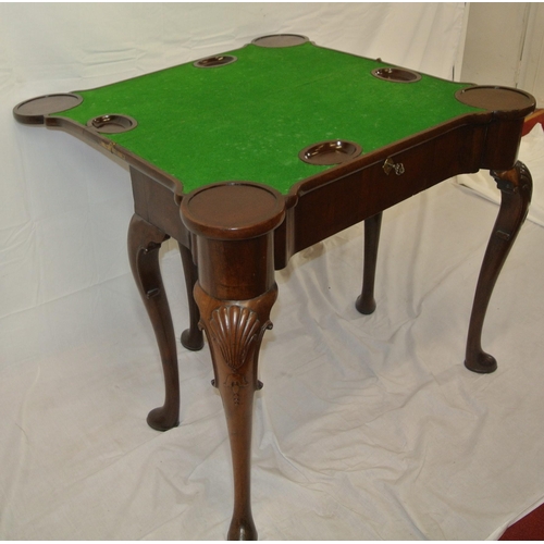 155 - Mahogany card table with double fold-over top, gateleg support, shaped 'dog ear' corners, with baize... 