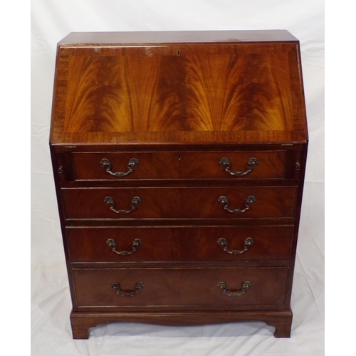 170 - Edwardian mahogany bureau with fall-down front, pull- out supports, fitted interior, two short and t... 